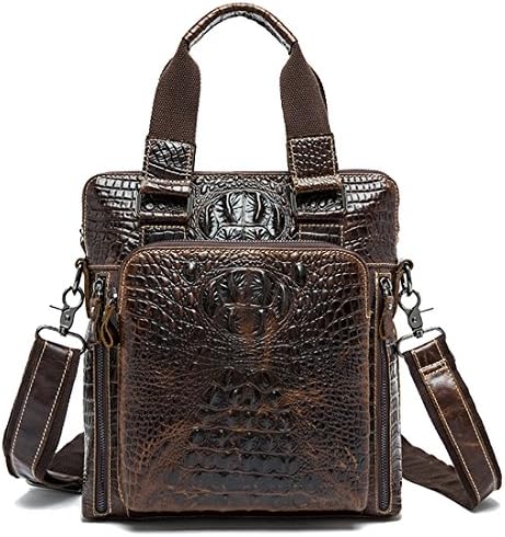 Mayshe Men's Cowhide Leather Embossed Crocodile Pattern Briefcase Casual Messenger Crossbody Handbag Shoulder Bag Coffee