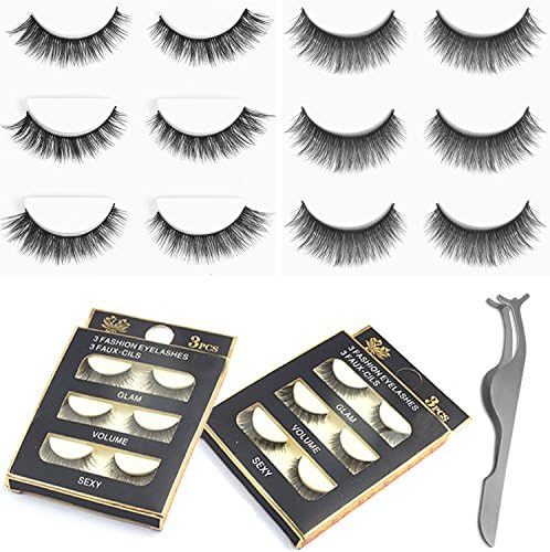 Urbun 2 Styles 6 Pairs Multipack Luxurious Real Mink 3D Natural False Eyelashes with Clip Tweezer Cross Long Black Makeup Eye Lashes