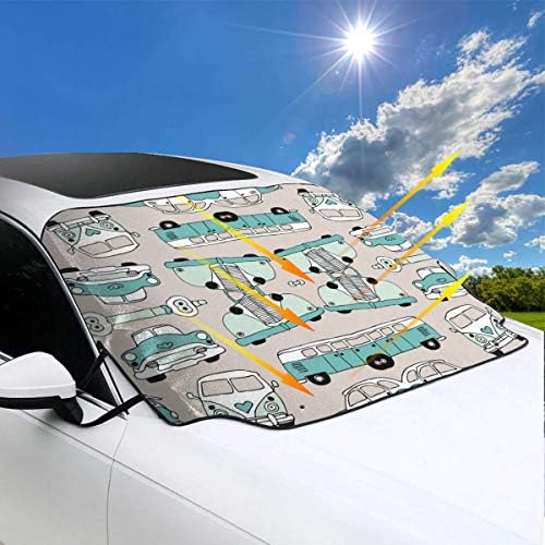 クラシックカーと男の子のためのベージュと青のイラストパターンでvwバスでかわいいヴィンテージ車イラスト カーフロントカバー 車 凍結防止カバー 黄砂対策 車のフロントガラスの雪のカバー 遮光 断熱 ジュエリー ペット用品 冬 夏 日焼け防止カバー 防輻射紫外線 黄砂