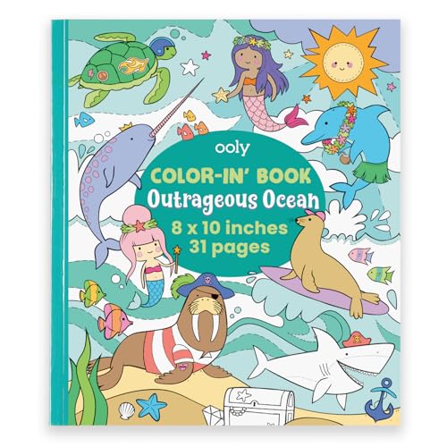 OOLY Outrageous Ocean Color-in Book for Kids - 31 Perforated Ocean Animals Coloring Pages, Mermaids Narwhals Dolphins, Frameable 8x10, Ages 3+