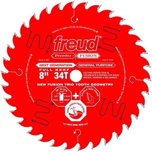 Freud P408: 8" 34T Premier Fusion General Purpose Blade for Crosscuts (3/8" to 3-1/2") & Rips (3/4" to 1-1/2") wood, laminate, veneered plywood, hardwoods & melamine.
