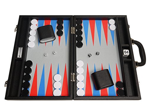 16-inch Premium Backgammon Set - Medium Size - Black Board, Scarlet Red and Patriot Blue Points
