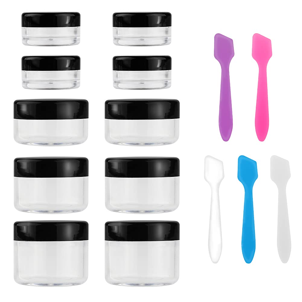 Photo 1 of Accmor 10 Pieces Makeup Travel Containers with Lids 3/5/10/15/20 Gram Size Cosmetic Jars with 5 Pieces Mini Spatulas for Gift(Black Color)