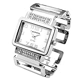 Top Plaza Women's Square Dial Rhinestones Bracelet Watch Cuff Bangle Watch(Silver Tone)