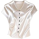 SOLY HUX Women's Satin Shirts Silk Button Down Collared Short Sleeve Ruched Dressy Casual Work Blouse Tops