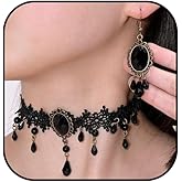 Atiptu Gothic Vampire Lace Choker Necklace Earrings for Women Black Crystal Cameo Earrings Vampire Blood Teardrop Necklace Halloween Mystic Witch Costume Accessories