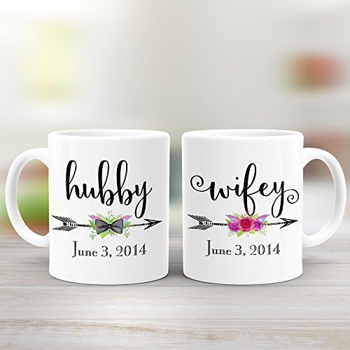 Hubby and Wifey Mugs, Custom Personalized Date, Mug Set, 2 Coffee Mugs