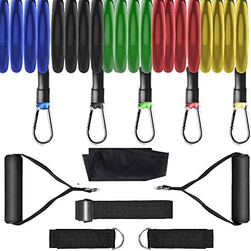 ODSPTER Resistance Bands Set Exercise Bands, 5 Fitness Stackable Workout Tubes 2 Hand Grips, Door Anchor, Ankle Straps for Home Gym Training