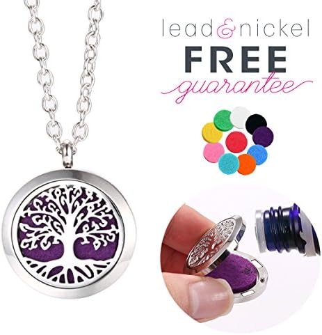 Aromatherapy Jewelry Essentail Oil Diffuser Necklace,Tree of Life Stainless Steel Locket Pendant,24-Inch Chain,10 refill Pads,Perfect To Use With Young Living &amp; Doterra Oil