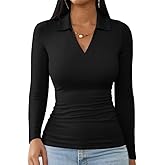 Haochic Women Fall Clothes V Neck Shirts Long Sleeve Lapel Tshirts Ribbed Knit Slim Fitted Polo Collar Casual Basic Tee Tops