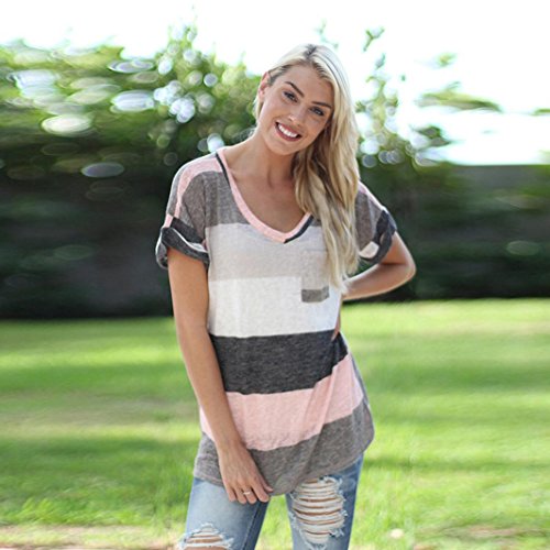 Quartly Women Short Sleeve Stripe Block Color Loose Tops Tee Shirts Summer T-Shirt Pullover Casual Blouse (S, Gray) - Thumbnail 3
