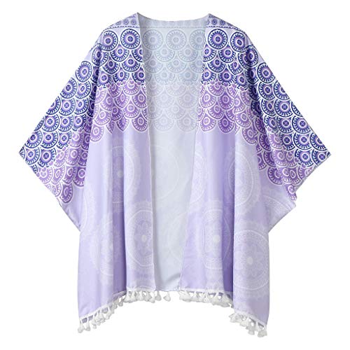 HTDBKDBK Kimono Cardigan Boho Vintage Floral Print Loose Shawl 3/4 Sleeve Kimono Cardigan Chiffon Coat Jacket Blouse Purple