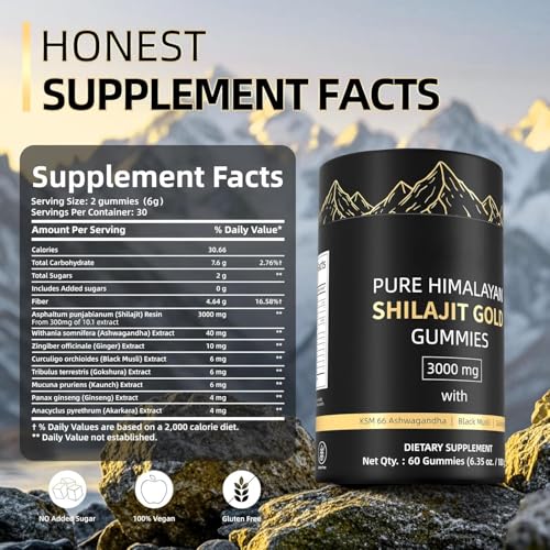 Pure Shilajit Gold Gummies 3000mg for Men & Women – Himalayan Shilajit with Fulvic Acid & 85+ Trace Minerals – Organic Shilajit Supplement, 60 Gummies