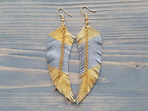 Leather feather earrings. Boho leather earrings. Bohemian earrings. Grey earrings. Gold earrings. Tribal earrings. Boho earrings.
