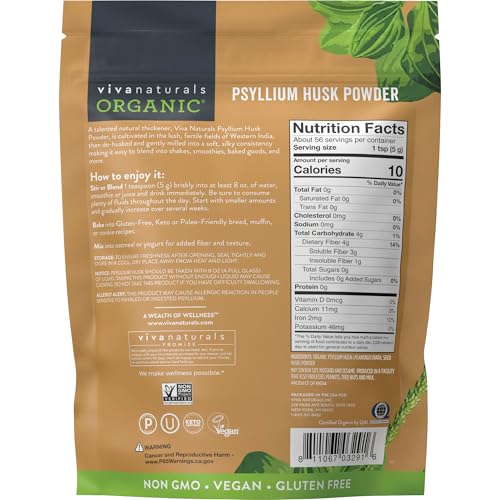VIVA NATURALS ORGANIC PSYLLIUM HUSK POWDER, 10 OZ – FINELY GROUND, UNFLAVORED, VEGAN, KETO, PALEO, NON-GMO PLANT-BASED SUPERFOOD, GOOD SOURCE OF FIBER FOR GLUTEN-FREE BAKING, JUICES & SMOOTHIES