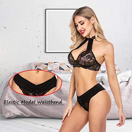 wearella Women Sexy Lingerie Set Lace Bra and Panty Set Halter 2 Piece Strappy Babydoll Bodysuit Underwear Black