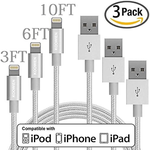 Lightning Cable, KOOWIEN 3Pack 3FT 6FT 10FT 3IN1 Tangle Free Nylon Braided 8 Pin USB Charging Cord Sync Cable for Apple iPhone 6/6s/6 plus/6s plus,iPhone7/7plus, iPad Air/Mini,iPod Nano/Touch (Silver)