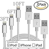 Lightning Cable, KOOWIEN 3Pack 3FT 6FT 10FT 3IN1 Tangle Free Nylon Braided 8 Pin USB Charging Cord Sync Cable for Apple iPhone 7/7plus 6/6s/6 plus/6s plus, iPad Air/Mini,iPod Nano/Touch (Silver)
