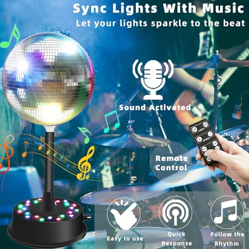 Silver Mirror Disco Ball Light, 6-Inch Mirror Ball with 23 RGBW LEDs, 360° Rotating Motor (5–10 RPM), Remote & Voice Control, Hanging Hook Included, Party Decor for Wedding, Birthday, Stage, Club