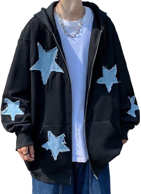 Sunwittafy Women Aesthetic Star Graphic Hoodie Y2k Zip Up Long