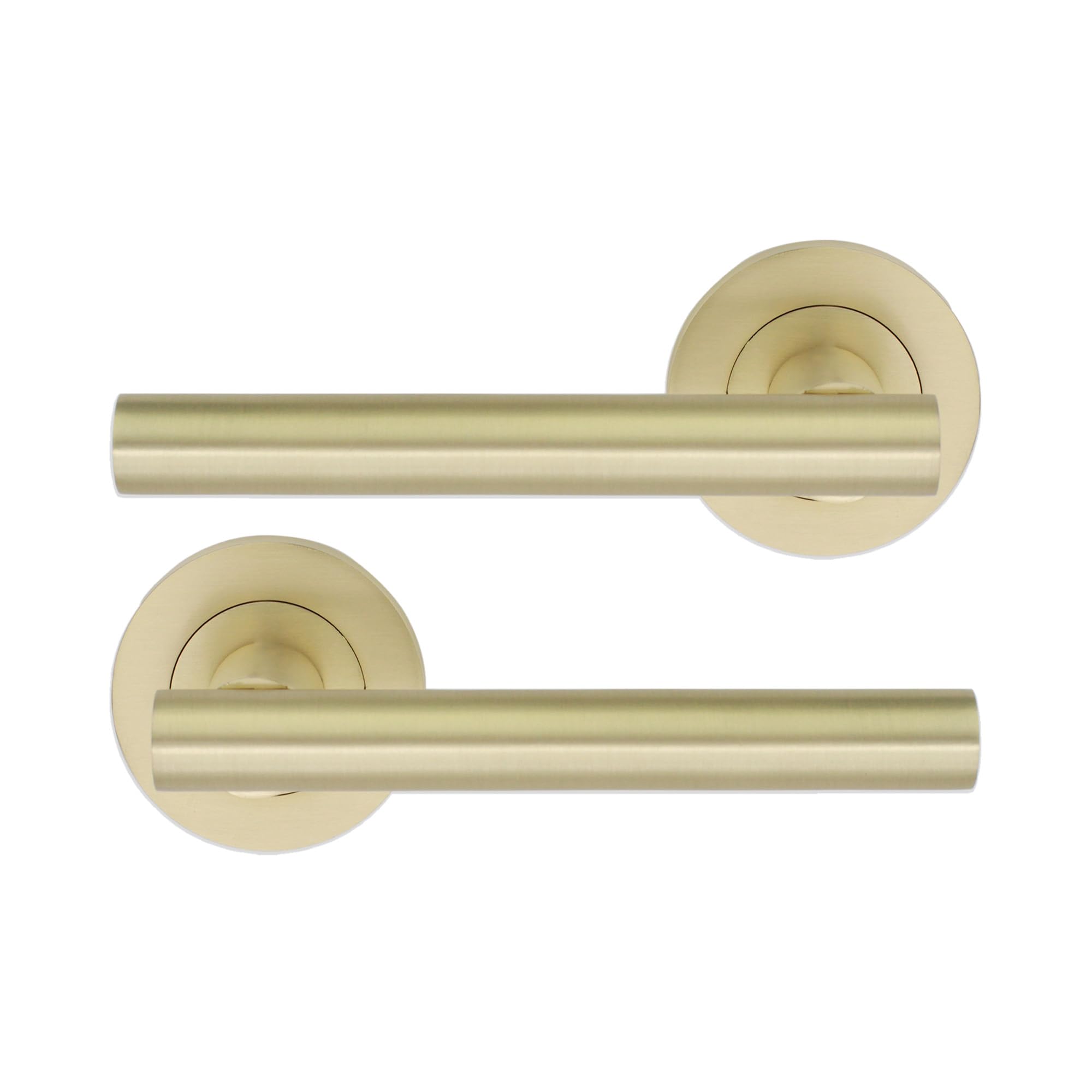 Infinity Decor Pair of Straight T-Bar Lever Door Handle on Rose Set Satin Brass Interior Pull Handles – Ideal for Internal and Exterior Doors