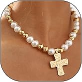 Chunky Pearl Beaded Cross Collar Statement Necklace Punk Faux Pearl Beads Pendant Necklaces Vintage Gold Silver Adjustable Choker Jewelry