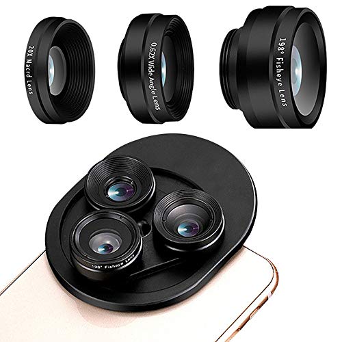 JOYSEUS 3-in-1 Mobile Camera Lens Kit for All Smartphones with Ultra-Wide Angle, 198 ° Fisheye Lens and 20x Macro