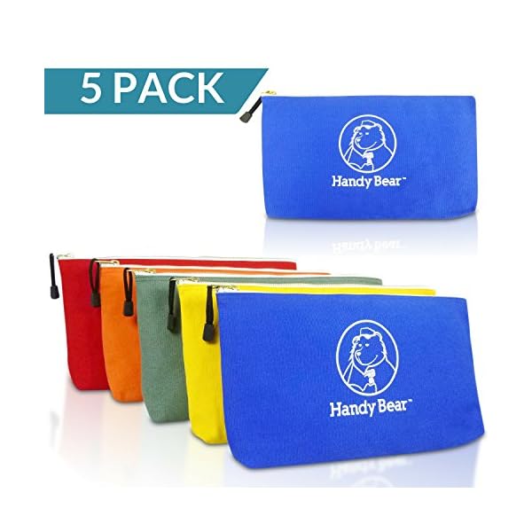 5-Pack of Heavy Duty Canvas Tool Bags with Metal Zipper | More Spacious Design, 13.75" x 8" | Multi Purpose Storage and Organizer Bags