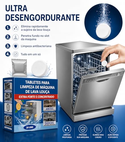 Pastilhas para Limpeza de Lava-Louças – Kit com 20 Unidades | Elimina Gordura, Mau Cheiro e Resíduos | Compatível com Todas as Máquinas