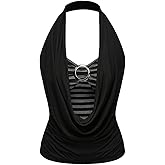 BEAUDRM Women's Grunge Halter Top Y2k Striped Draped Crop Tops Punk Ruched Sleeveless Going Out Tops