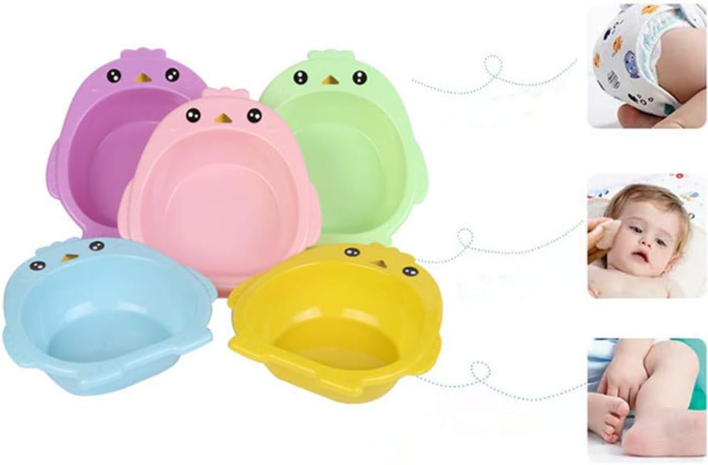 Angela 5 Pieces Baby Washbasin Plastic Thick Cleaning Supplies Cartoon Chicken Pattern Strong and Durable - Care for Your Baby's Health (Random Colors)
