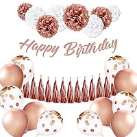 EpiqueOne Rose Gold Birthday Decoration Set: Happy Birthday Banner, Tassel Garland, Latex Balloons, Confetti Balloons, Tissue Paper Pom