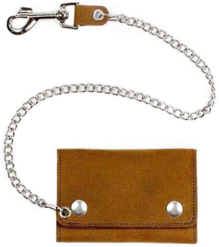 Men's Mid-Size Tri-Fold Biker Styled Chain Wallet, Genuine Leather Brown PU325