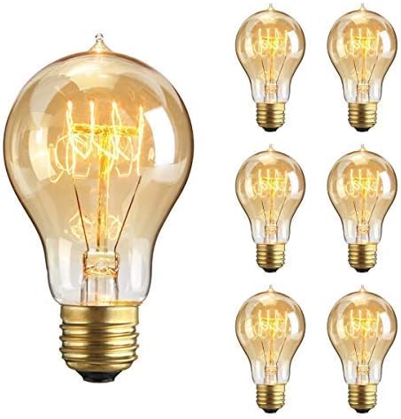 HUIBONA E27 Decorative Light Bulbs,A19 Edison Bulb Diameter 60mm,Vintage Light Bulb, 40W 400lm 2500-2700K Warm White Amber Glass 6 Pack