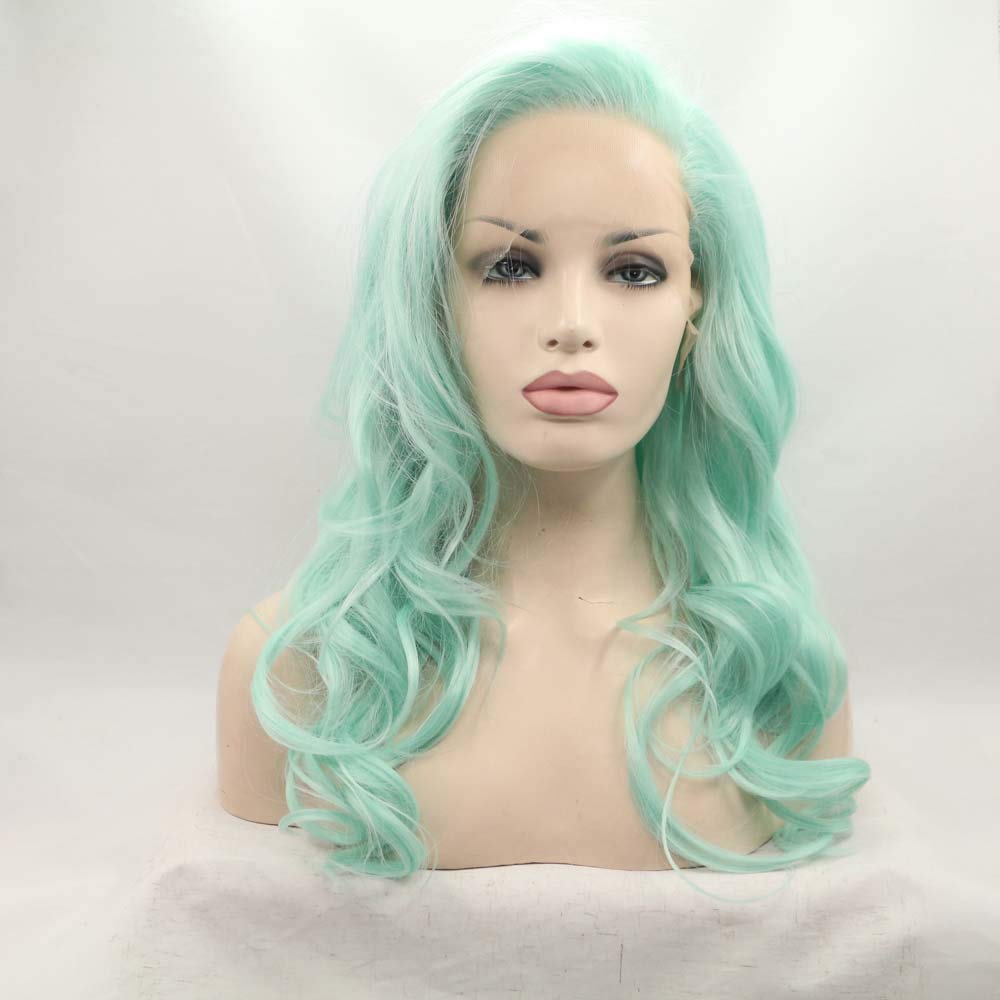 Xiweiya Natural Mint Green Wig Side Bangs Synthetic Hair Lace Front Wig Long Wavy Heat Resistant Fiber For Women Hair Body Wave Wigs โ image 1