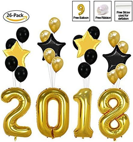 PartyEight 40 Inch Gold 2018 Balloons for Independence Day Celebration, School Graduation Party Decoration, Happy New Year 2018, 2019 Supplies Gold Black star Foil Mylar Balloons, Round latex balloons