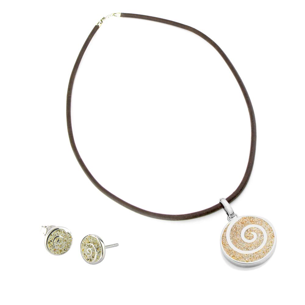 DUR Pendant Round and Stud Earrings Sand Spiral with Leather Strap Real Beach Sand and 925 Sterling Silver Chain Made of Genuine Leather with Silver Clasp Lobster Clasp, Leather