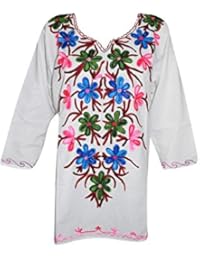 Women's Tunic Top Cotton Colorful Embroidered White Hippie Boho Chic large