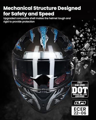ILM Full Face Motorcycle Helmet for Men and Women – Motorcycle Helmet with 2 Visors Compatible with Pinlock Transparent and Coloured – Motocross Street Bike Helmet ECE Model Z501, Manta Blue, S