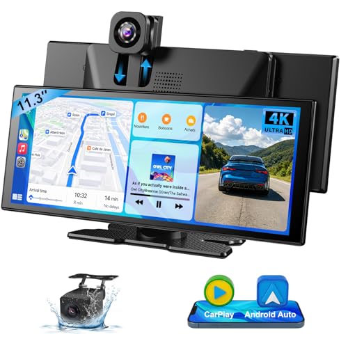 ESSGOO CarPlay Voiture, Supporte CarPlay sans Fil et Android Auto, Écran Tactile IPS 11,3 Pouces, Caméra Avant 4K et Caméra de Recul 1080P, Bluetooth 5.3, GPS, FM, AUX, Mirror Link