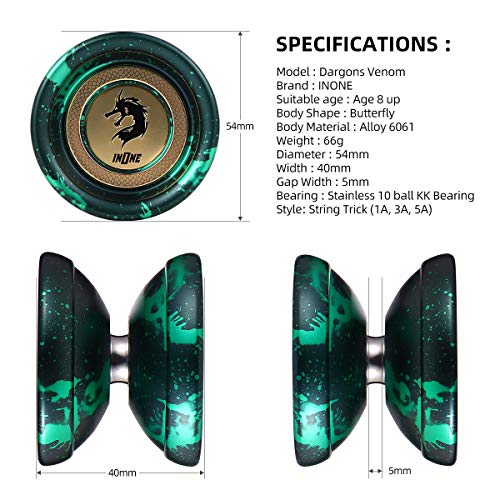 INONE Dragons YOYO Aluminum Alloy Unresponsive Yo-yos Designed for Kids, Yo-Yo Fans, Beginners Gift Glove, 10 Strings, Spare Bearing (Venom)
