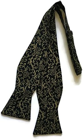 Mens Self-tie Bow Tie Black with Gold Metallic Roses Design