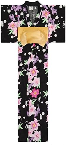 KimonoMode24 Women's Japanese Yukata And Easy Wearing Obi Set/ Flower and Butterfly Pattern Free Size Black