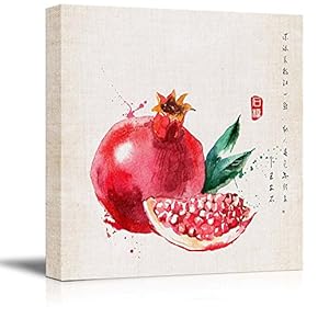 Square Canvas Wall Art - Watercolor Style Chinese Painting of a Red Pomegranate and Seeds - Giclee Print Gallery Wrap Modern Home Art Ready to Hang - 12x12 inches