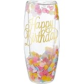 Slant Collections Double-Wall Stemless Champagne Flute Glass, 8-Ounce, Happy Birthday Confetti