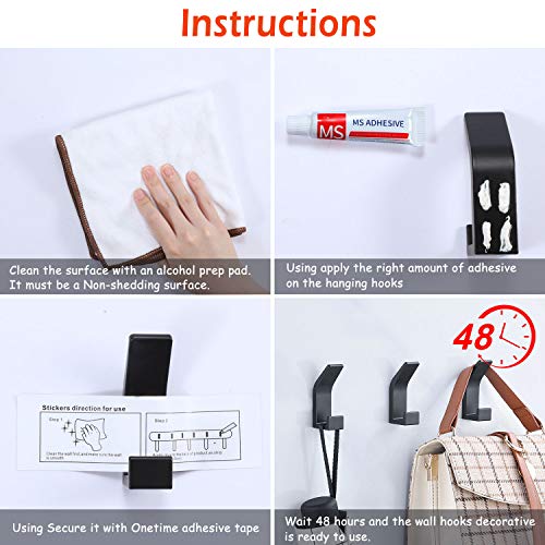 AYOTEE Wall Hooks for Hanging Coats, 5 Packs Nail-Free and Drill-Free Double-Hook Fall-Off Preventing Coat Hooks, Waterproof Black Door Hooks and Bathroom Hooks