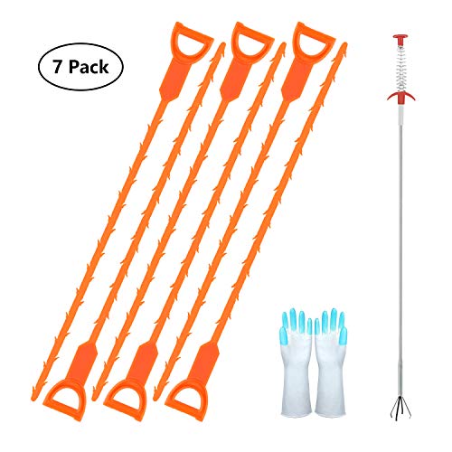 7 Pack Drain Snake Clog Remover,25 Inch Drain Snake Hair Tool,Drain Auger Clog Remover for Sink,Bathtub Drain,Kitchen Sink Cleaner,With Gloves By KINGLEV(1 Stainless Steel and 6 Plastic) - Thumbnail 6
