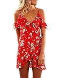 Shele Women Summer Off Shoulder Strap V Neck Short Sleeve Floral Print Red Dresses