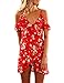Shele Women Summer Off Shoulder Strap V Neck Short Sleeve Floral Print Red Dresses