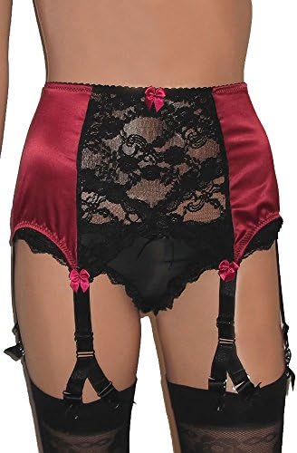 Retro Style 6 Strap Suspender Belt in Satin Lace Front, Y-Clip in Red Turqoise Blue